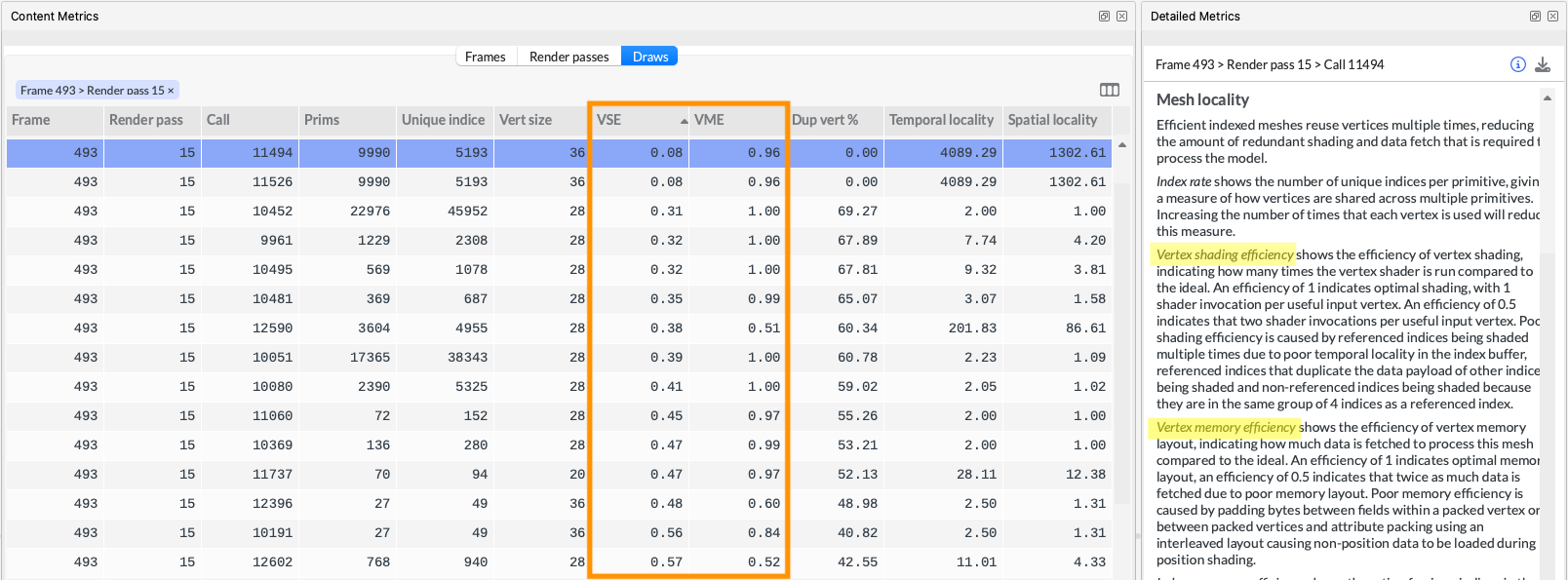 An image showing the Content Metrics view in Frame Advisor